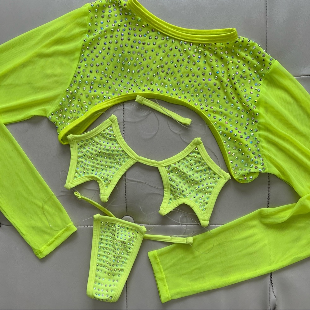 Neon yellow green rhinestone embellished long sleeve star pvc thong set OS